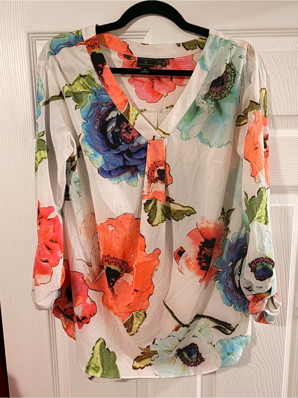 W by Worthington Floral V-Neck Blouse - White with Coral & Blue Blooms